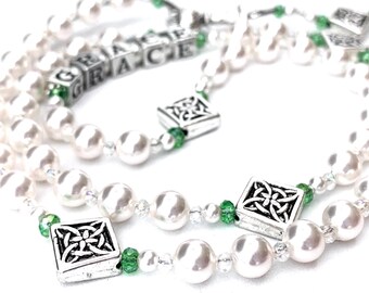 Communion Girl's Personalized Irish Rosary with Pearls and Emerald Green Crystals