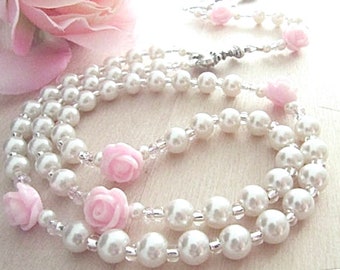 Beautiful First Communion Rosary with Swarovski White Pearls and Pink Roses