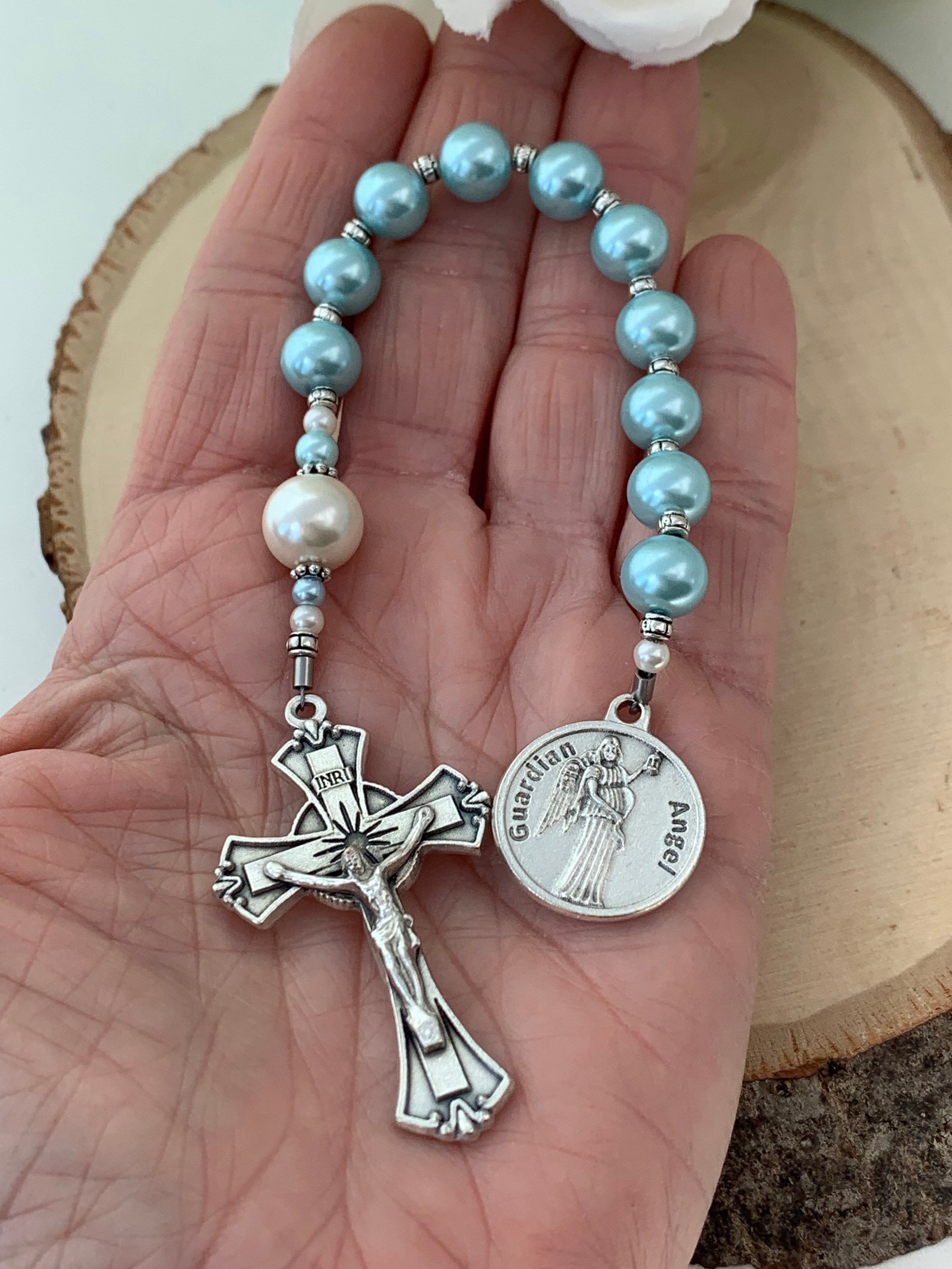 Baby Boy Baptism Light Blue Pearl Guardian Angel Rosary Etsy