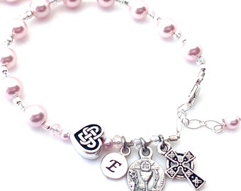 Personalized Irish Communion Light Pink Swarovski Pearl, Celtic Heart, Silver, & Crystal Rosary Bracelet