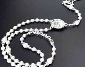 Irish Baptism Rosary Personalized with Silver Letters and Swarovski® White Pearls - Guardian Angel - Heirloom Quality