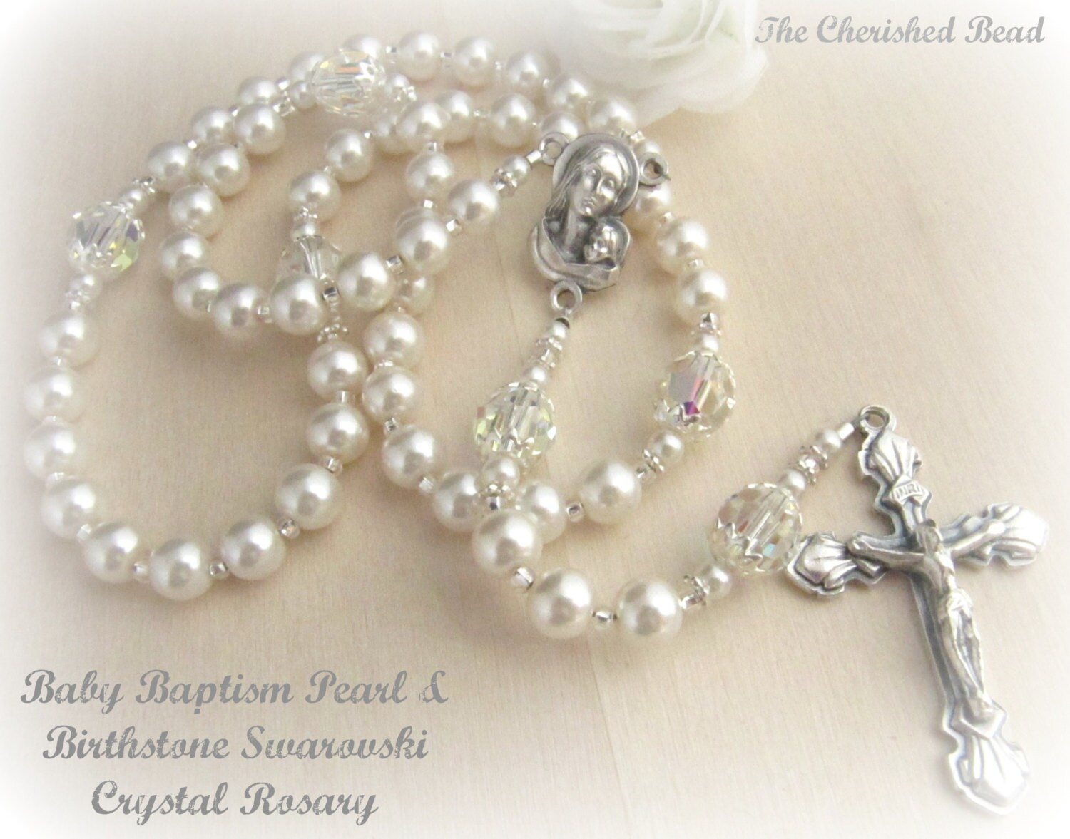 Baby Baptism Pearl & Swarovski Birthstone Crystal Rosary Etsy