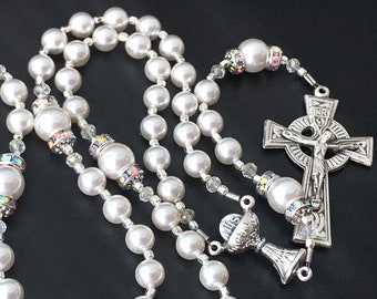 Irish First Communion Swarovski White Pearl, Rhinestones, and Crystal Personalized Rosary