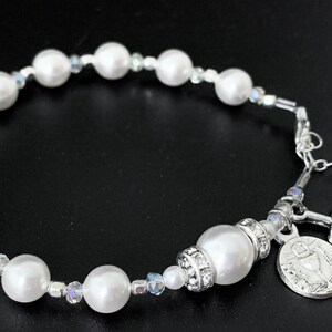 Beautiful Traditional Communion Rosary Bracelet with White Swarovski Pearls, Crystals & Rhinestones Heirloom Catholic Gift