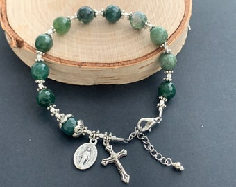 Moss Green Agate  Gemstone and Silver Catholic Rosary Bracelet - Heirloom Quality - Healing Agate Stone - Catholic Healing