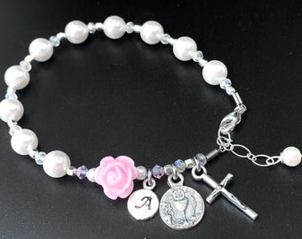 Communion Personalized Pink Rose Rosary Bracelet with Swarovski White Pearl, Swarovski Crystals & Sterling Monogram Charm