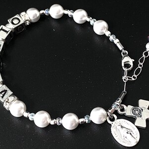 Catholic Communion Name Bracelet with Birthstone Crystal, Swarovski White Pearls, Rhinestones, and Silver Heirloom Catholic Gift