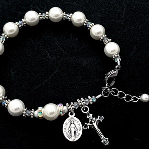 Beautiful White Pearl, Clear Crystal and Rhinestone Rosary Bracelet for Women - Catholic Gift - Rosary - Mothers Day