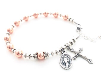 Rose Gold & Silver Rosary Gemstone Bracelet for Catholic Adult - Miraculous Medal - Confirmation Gift- Gold Catholic Rosary