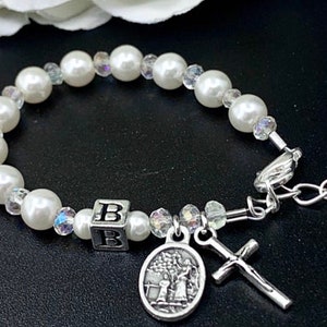 Girl Baptism Personalized Rosary Bracelet with White Swarovski Pearls, Crystals, and Guardian Angel - Catholic Christening Gift
