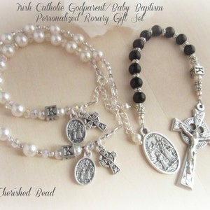 Catholic Irish Baby Baptism Godparent Rosary Gift Set - Personalized