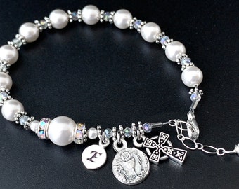 Irish Catholic Communion Personalized Pearl, Sterling and Crystal Rosary Bracelet with Sterling Silver Monogram