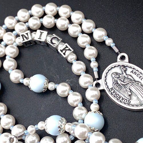 Baby Boy Baptism Guardian Angel Rosary With Dark Blue & Light Etsy