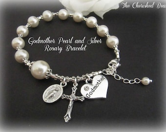 Catholic Godmother Pearl & Silver Rosary Bracelet with Godmother Heart Charm