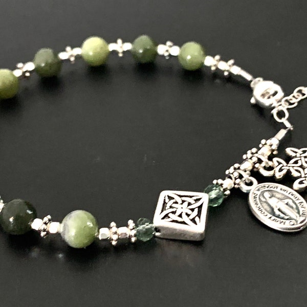 Irish Connemara Marble, Swarovski Crystal, &  Silver Rosary Bracelet