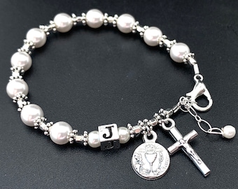Catholic Communion Personalized Rosary Bracelet with Swarovski White Pearl and Sterling