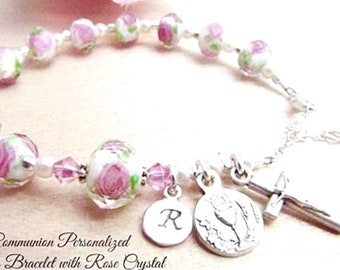 Catholic Communion Personalized Rosary Bracelet with Gorgeous Crystal Rose Beads and Sterling Monogram