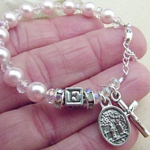 Girls Baptism Personalized Rosary Bracelet with Light Pink Swarovski Pearls, Crystals and Initial Bead of Choice - Christening Gift
