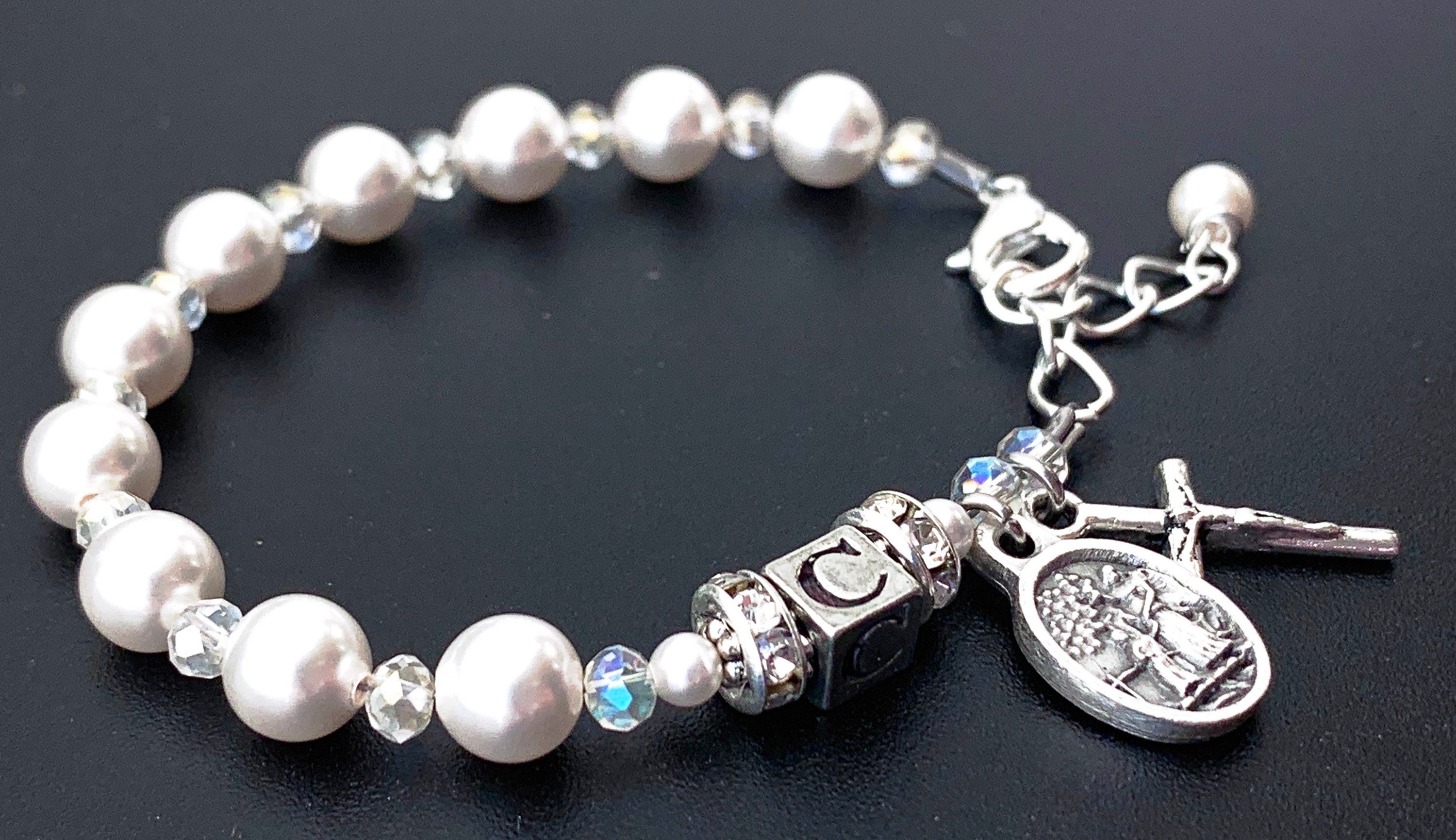Girls Baptism Personalized Rosary Bracelet with White Swarovski Pearl…