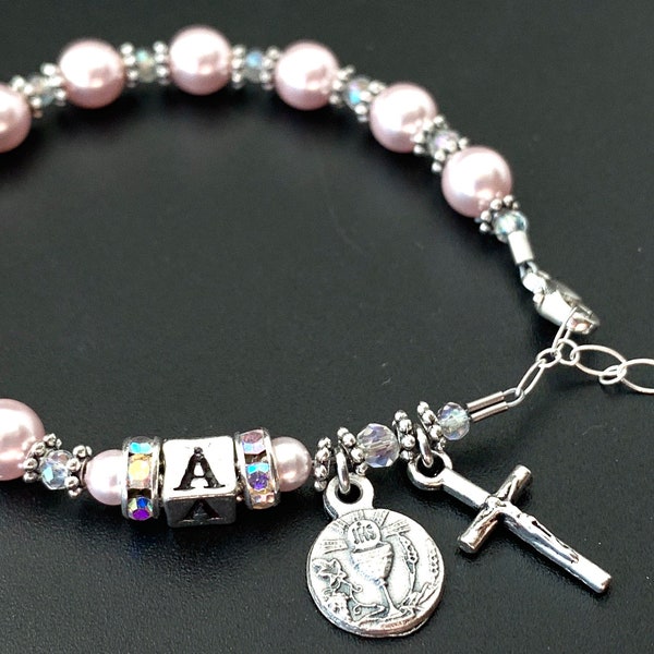 Beautiful Girl's Swarovski Pink Pearl Communion Personalized Rosary Bracelet with Crystals and Rhinestones