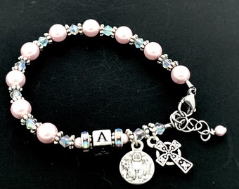 Beautiful Irish Girl's Swarovski Pink Pearl Communion Personalized Rosary Bracelet with Crystals and Rhinestones