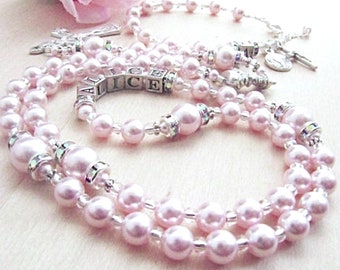 Beautiful Girl's Pink Swarovski Pearl, Rhinestone & Crystal Personalized Rosary Set - Includes Rosary and matching Rosary Bracelet