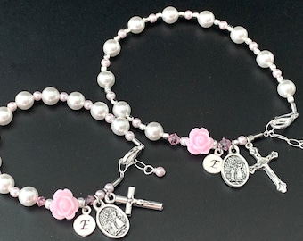 Matching Personalized Godmother/Mother and Baby Baptism Rosary Bracelet Set with Guardian Angels