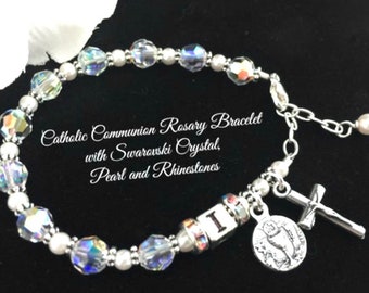 Catholic Communion Personalized Rosary Bracelet with Swarovski Crystal, Pearls & Rhinestone Personalized Rosary Bracelet