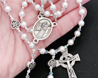 Battesimo irlandese Perla Swarovski bianca e cuore celtico Rosario angelo custode personalizzato