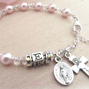 Personalized Communion Pink Pearl and Crystal Rosary Bracelet