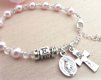 Personalized Communion Pink Pearl and Crystal Rosary Bracelet