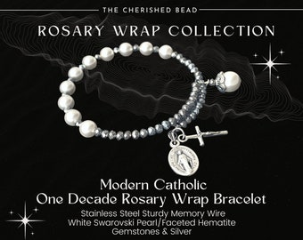 One Decade Rosary Wrap Stainless Steel Memory Wire Bracelet With Swarovski White Pearls & Silver Faceted Hematite Gemstone Beads - Rosary