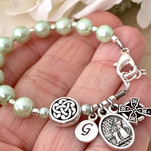 Girls Irish Baptism Personalized Rosary Bracelet with light Green Pearls & Silver Celtic Round Bead - Guardian Angel Charm - Christening