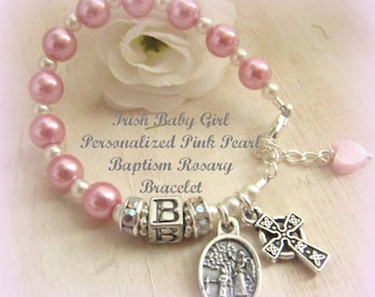Irish Baby Personalized Rose Pearl Baptism Rosary Bracelet with Celtic Cross