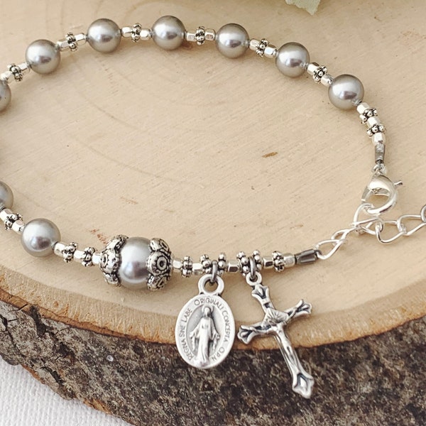 Light Silver Swarovski Pearl & Silver Rosary Bracelet - Catholic Women's Rosary