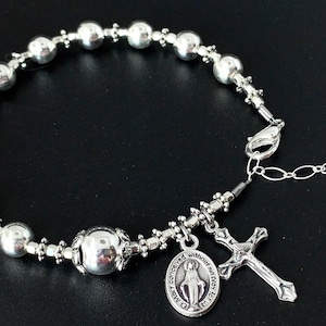 Bright Silver Hematite Gemstone Rosary Bracelet for Catholic Adult - Miraculous Medal - Confirmation Gift- Catholic Rosary