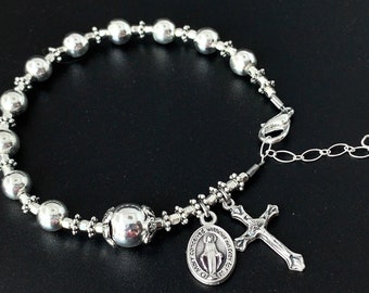 Bright Sterling  Silver Hematite Gemstone Rosary Bracelet for Catholic Adult - Miraculous Medal - Confirmation Gift- Catholic Rosary