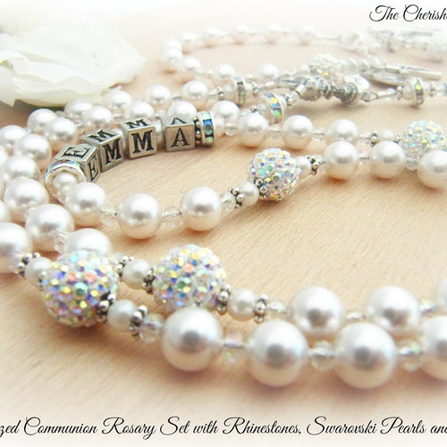 Communion Personalized Rosary Set with shops Radiant Rhinestones, White Swarovski Pearls and Crystals - Heirloom Quality