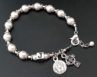 Irish Catholic Communion Pearl & Sterling Personalized Rosary Bracelet