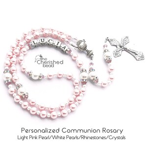 Personalized Communion Rosary with Swarovski Light Pink and White Pearls, Rhinestones and Pink Crystals - Heirloom Quality - Name Rosary