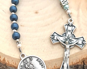 Baby Boy Personalized Guardian Angel Baptism Chaplet with Dark Blue & Light Blue Pearls