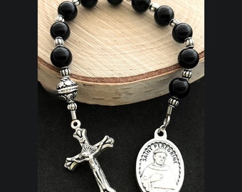 St Peregrine For All Cancers Gemstone Chaplet With Black Onyx Gemstone Beads & Silver - Patron Saint Of All Cancers - Pocket Rosary