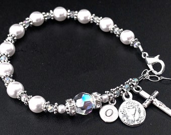 Catholic Communion Swarovski Pearl and Swarovski Crystal Rosary bracelet with Sterling Silver Monogram