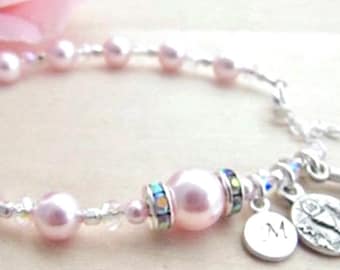 Catholic Communion Personalized Soft Pink and White Swarovski Pearls, Crystals, Rhinestones and Sterling Monogram Initial