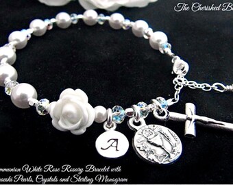 Communion Personalized Rosary Bracelet with White Rose, Swarovski Pearls, Crystals and Sterling Monogram Charm - Communon Heirloom