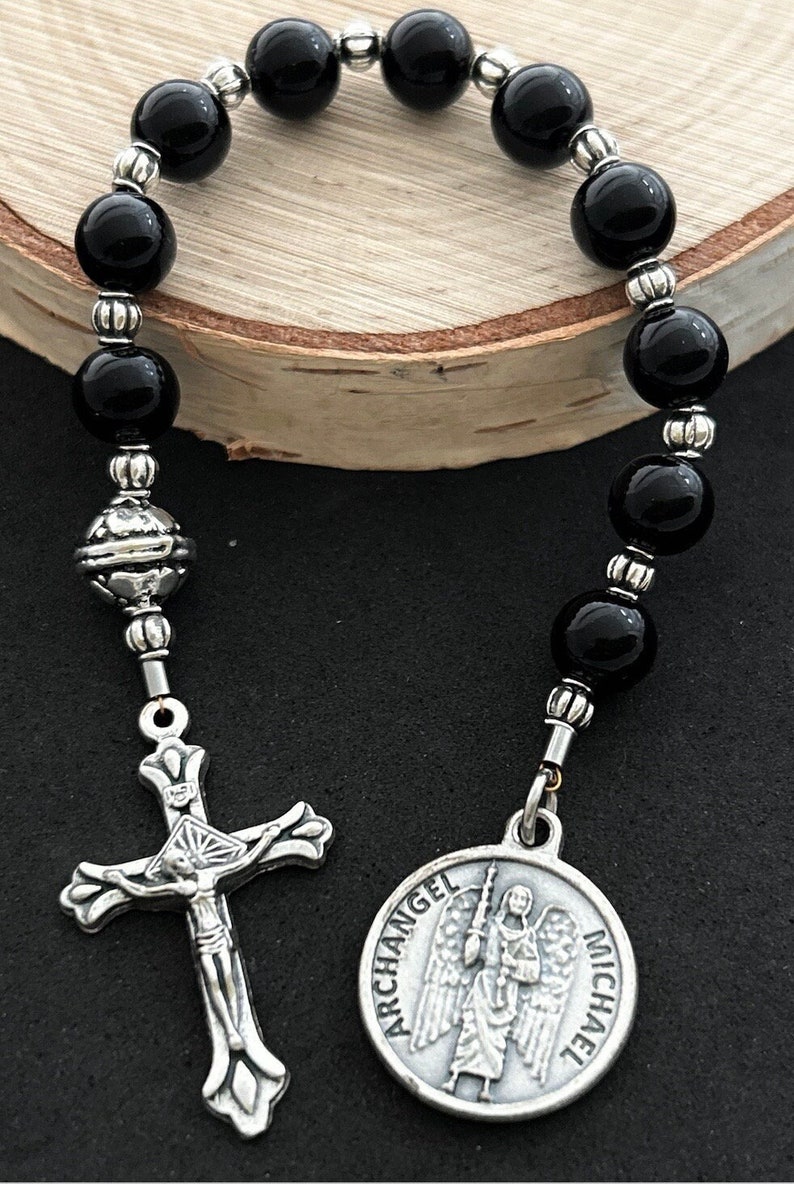 Archangel Michael Catholic Gemstone Chaplet With Black Onyx Gemstone Beads & Silver Patron Saint for All Military/Police Pocket Rosary image 2