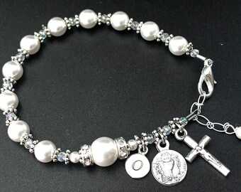 Communion Personalized Rosary Bracelet with White Swarovski Pearls, Crystals & Rhinestones and Sterling Initial Charm