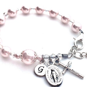 Baptism Personalized Rosary Bracelet with Light Pink Czech European Pearls and Crystals  - Monogrammed - Sterling