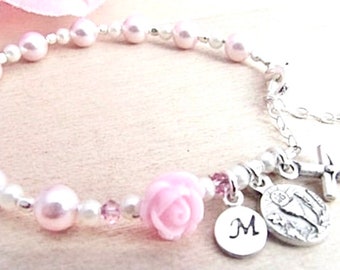 Communion Personalized Rose Rosary Bracelet with Swarovski Pink & White Pearls, Swarovski Crystals and Monogram