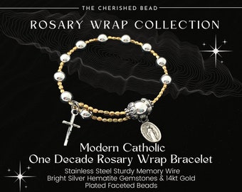 One Decade Rosary Wrap Stainless Steel Memory Wire Bracelet With Bright Silver Hematite Gemstones & 14kt Gold  Catholic Rosary Bracelet